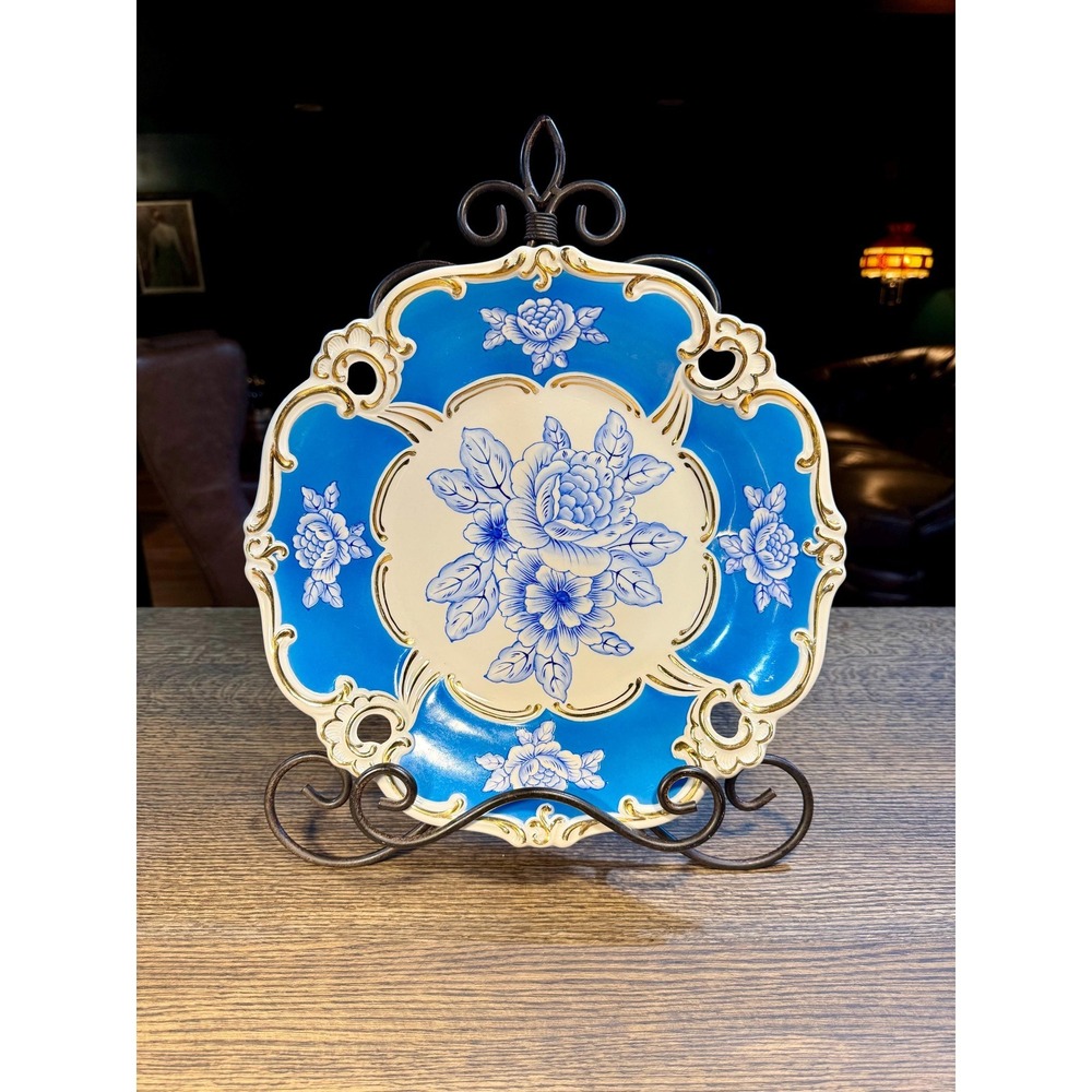 Vintage German Hand‎ Painted Porcelain Shallow Bowl, 13" Turquoise Floral